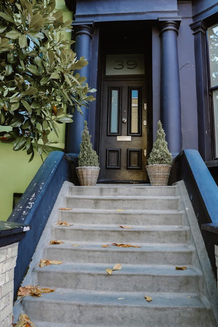 The image shows the front entrance of a residential property with the house number '39' displayed above the black wooden front door, which features a vertical glass panel and a mail slot. The entrance is accessed by a concrete staircase with six steps, some of which have a few fallen autumn leaves on them. On either side of the staircase are blue-painted wooden handrails, and two potted evergreen plants in woven baskets are positioned symmetrically at the top of the stairs beside the door. To the left, a large leafy shrub extends upward, partially framing the scene. The building facade includes dark-colored columns and trim, with a light green exterior wall visible on the left side. The lighting indicates a daytime setting, and the scene captures a clean, well-maintained residential entrance prepared for home relocation or moving services, as part of a house removals process through removalsenfield.org.uk.